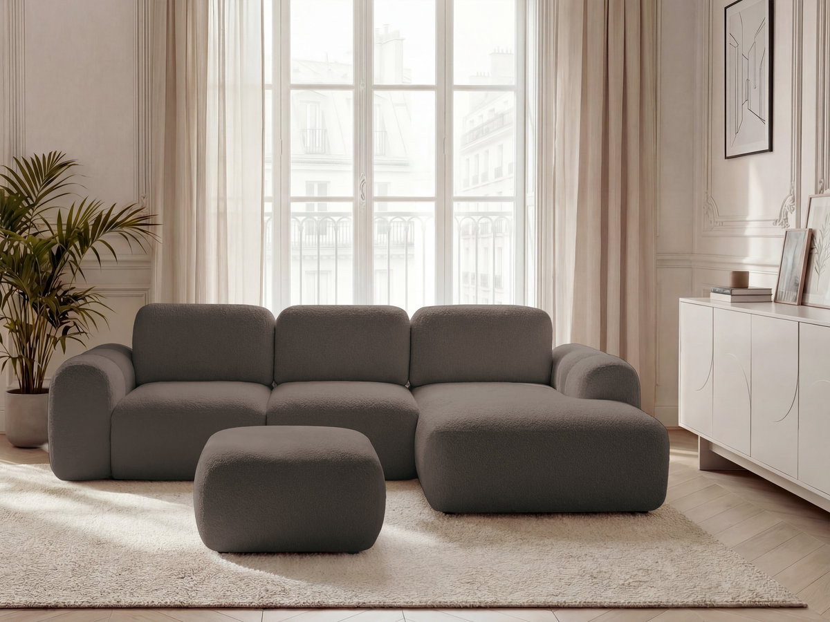Bobochic Montaigne Ecksofa mit Schlaffunktion und Bettkasten und Pouf 276 × 164 cm Bouclé-Stoff Braun Ecke rechts