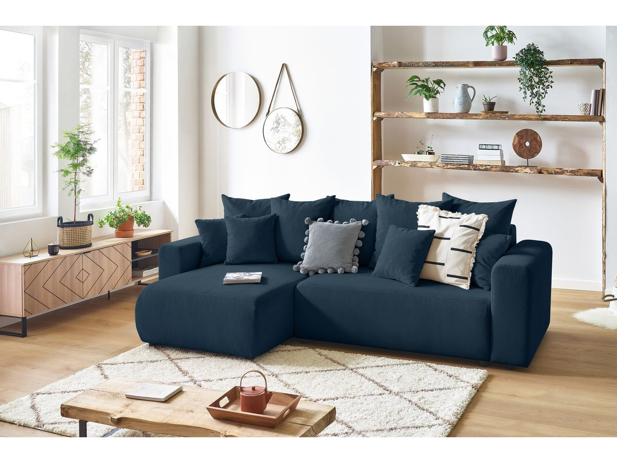 Bobochic Envy Ecksofa mit Schlaffunktion und Bettkasten und Pouf Cordsamt Dunkelblau