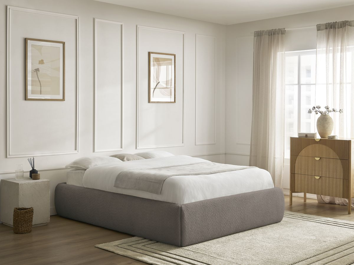 Bobochic Inera Bettgestell mit Bettkasten, ohne Kopfteil Bouclé-Stoff Braun, Liegefläche 140 × 190 cm