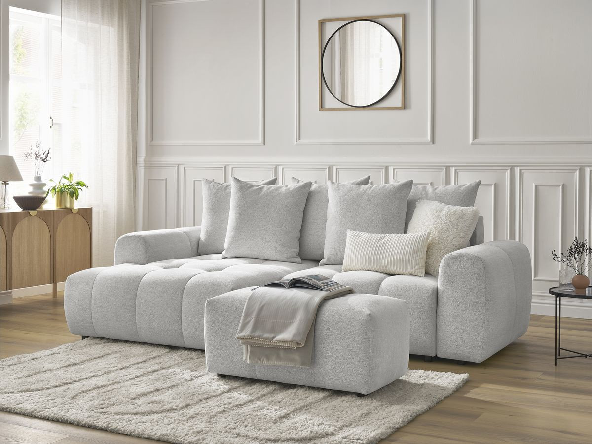 Bobochic Roxelane Ecksofa mit Schlaffunktion und Bettkasten und Pouf 258 × 150 cm Melange-Stoff Hellgrau Ecke links