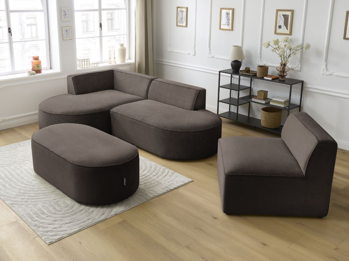 Bobochic Rousseau Ecksofa mit Sofamodul und Pouf Cordsamt Braun Ecke links