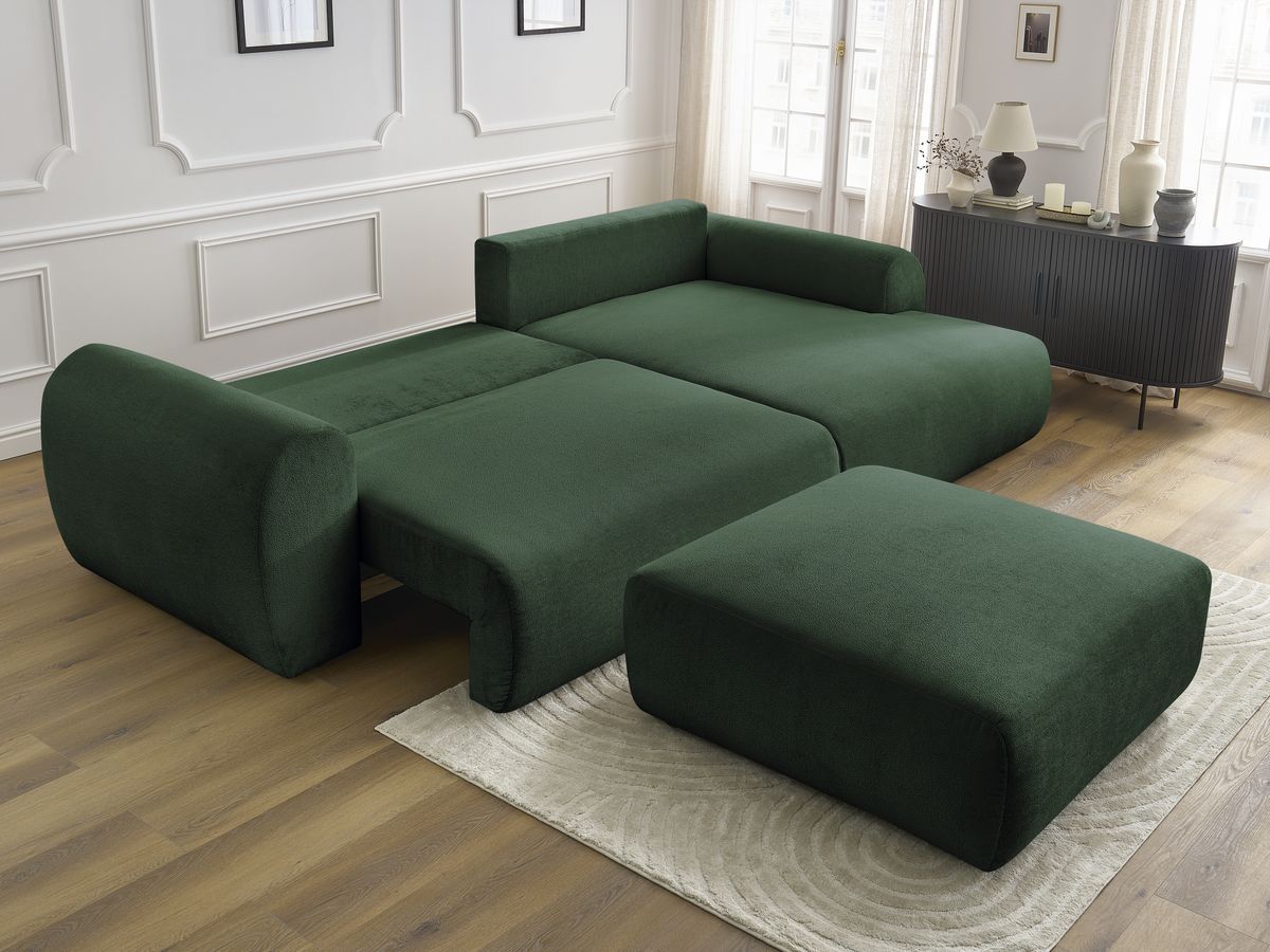 Bobochic Lucien Ecksofa mit Schlaffunktion und Bettkasten und Pouf 314 × 167 cm Stoff Grün Ecke rechts