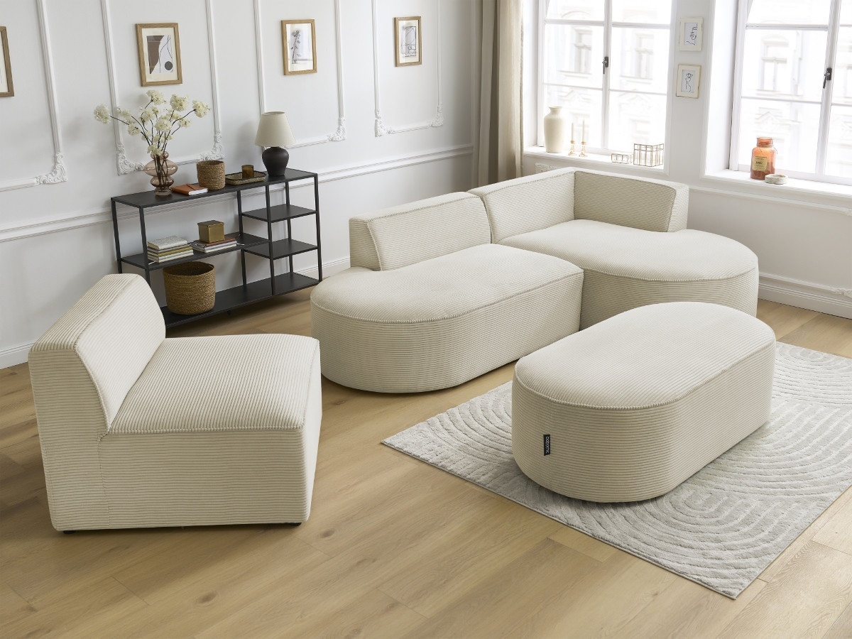 Bobochic Rousseau Ecksofa mit Sofamodul und Pouf Cordsamt Beige Ecke rechts