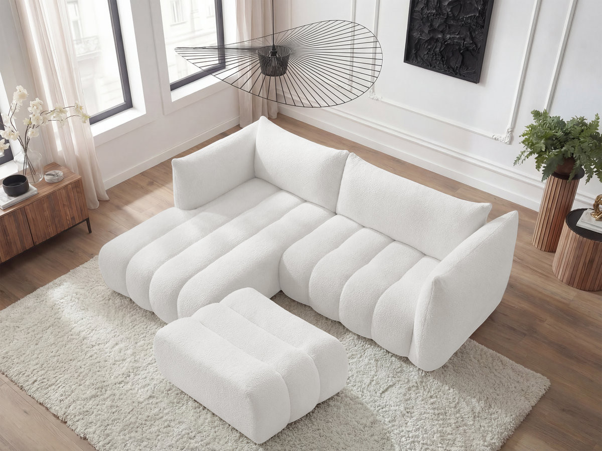 Bobochic Azra Ecksofa mit Pouf 262 × 178 cm Bouclé-Stoff Weiß Ecke links