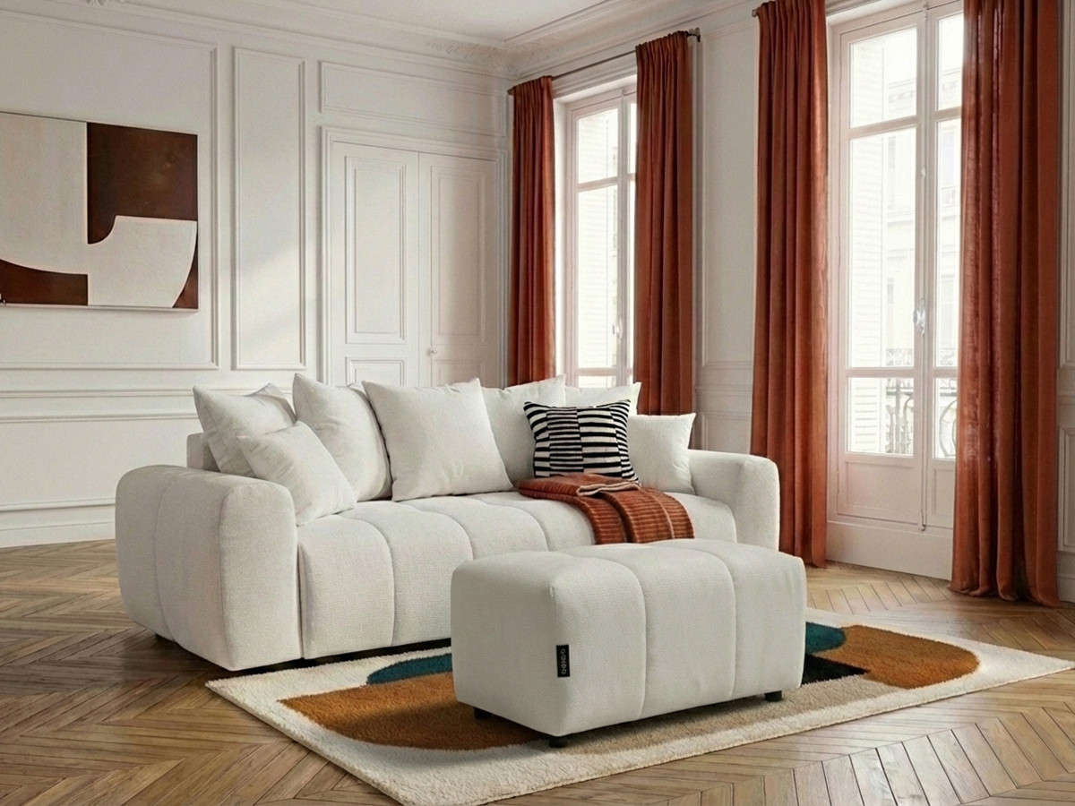 Bobochic Roxelane Schlafsofa 3-Sitzer mit Bettkasten und Pouf Melange-Stoff Weiß