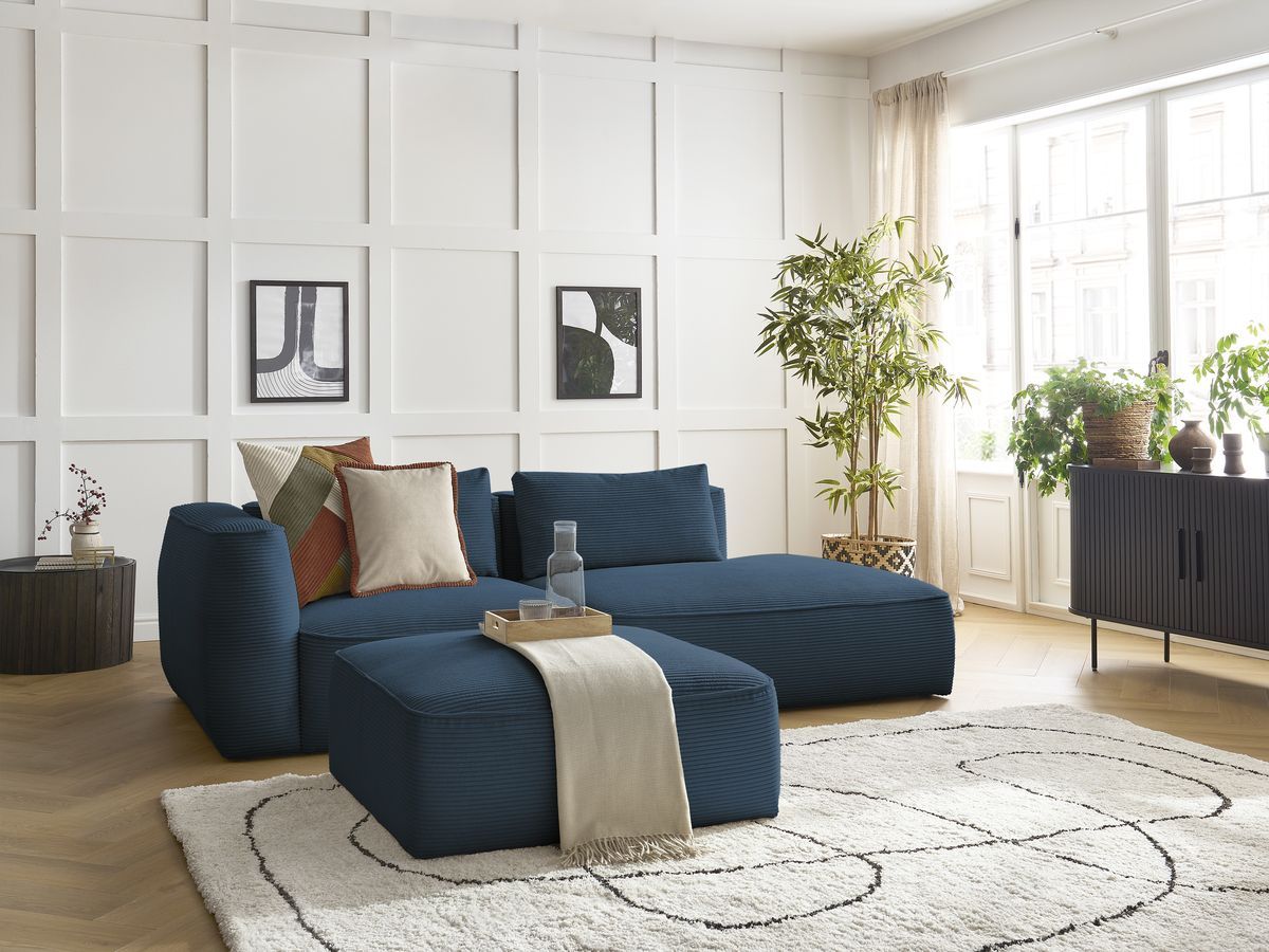 Bobochic Leopold Sofa 4-Sitzer mit Pouf Cordsamt Dunkelblau Armlehne links