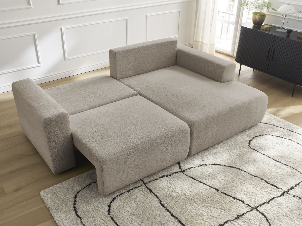 Bobochic Atilla Ecksofa mit Schlaffunktion und Bettkasten Melange-Stoff Taupe Ecke rechts