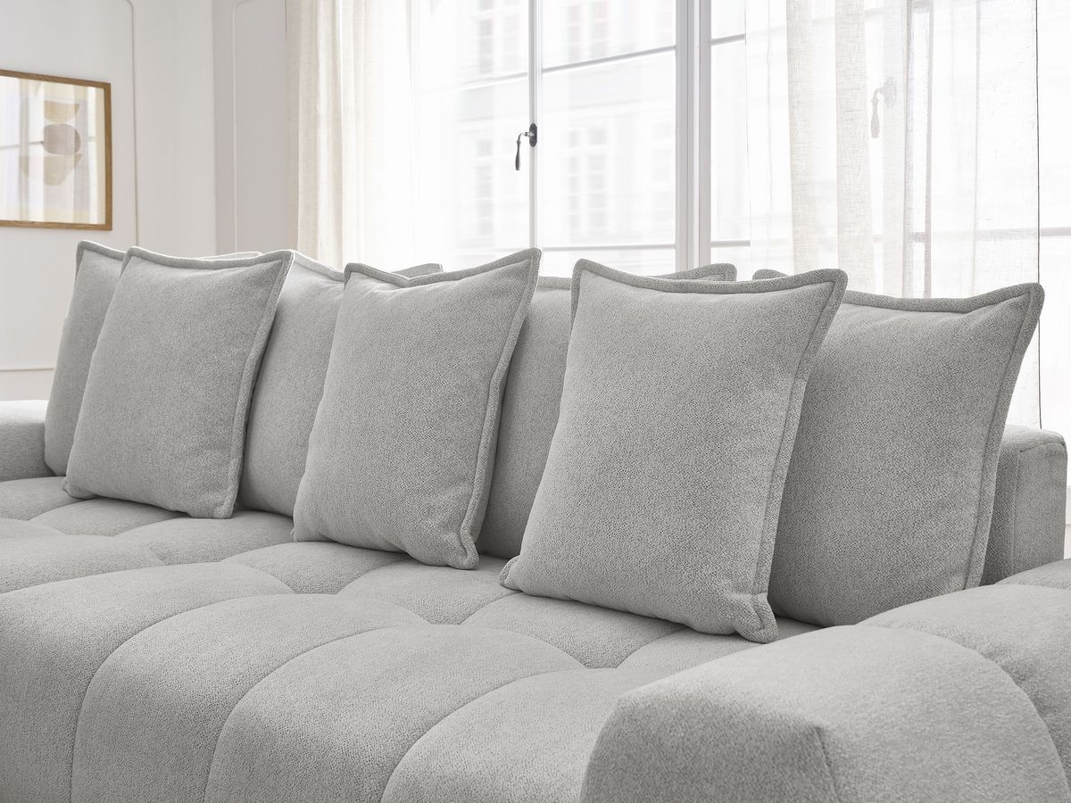 Bobochic Everest Ecksofa mit Schlaffunktion und Bettkasten 318 × 180 cm, 7 Kissen Melange-Stoff Hellgrau Ecke links