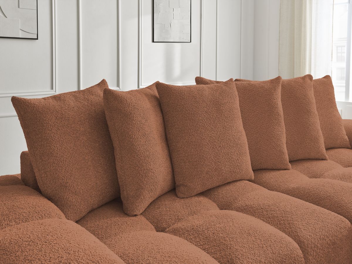 Bobochic Anakin Schlafsofa 3-Sitzer mit Bettkasten und Pouf, 6 Kissen Bouclé-Stoff Orange