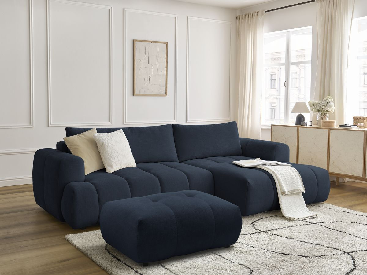 Bobochic Fuji Ecksofa mit Schlaffunktion und Bettkasten und Pouf 292 × 160 cm Stoff Dunkelblau Ecke rechts