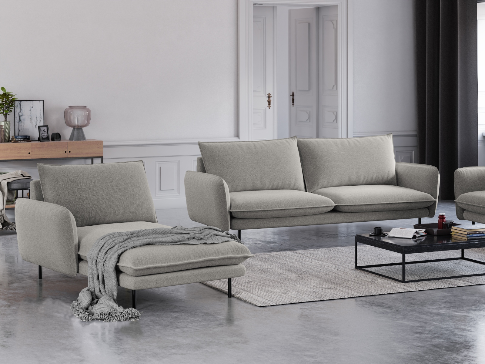 Cosmopolitan Design Chaiselongue Vienna Strukturierter Stoff Asgard/Positano Hellgrau Links Beine Schwarzes Metall