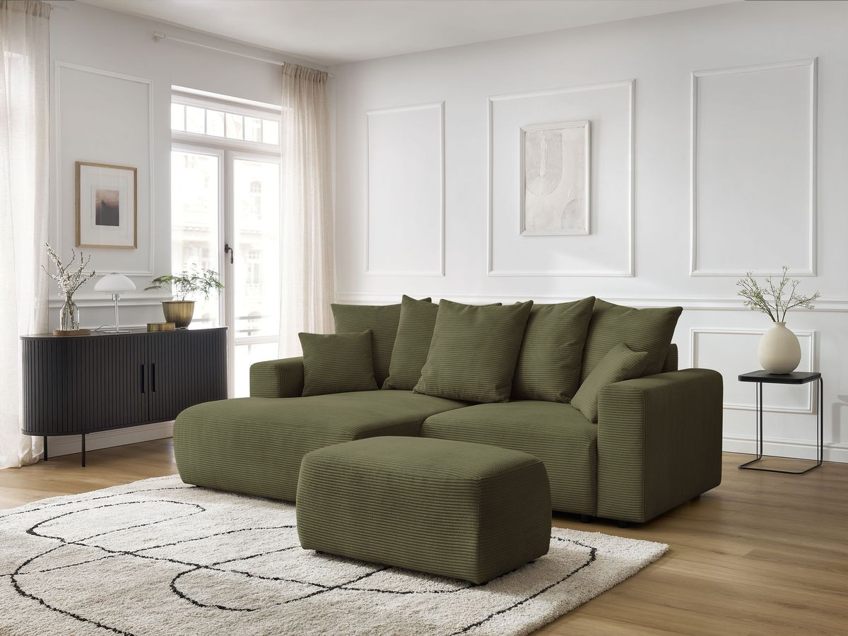 Bobochic Atilla Ecksofa mit Schlaffunktion und Bettkasten und Pouf Cordsamt Hellgrün Ecke links