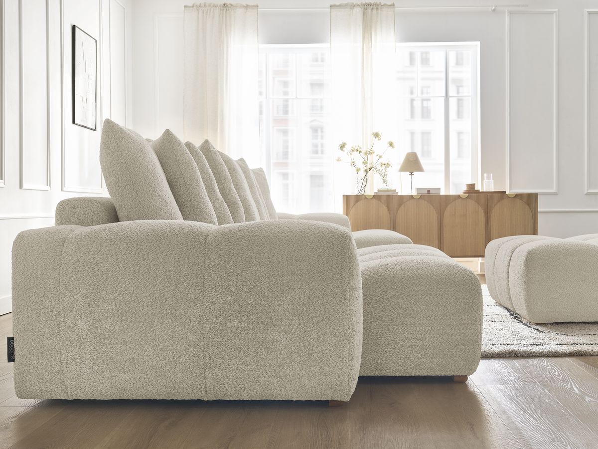 Bobochic Anakin Wohnlandschaft mit Pouf, 10 Kissen Bouclé-Stoff Beige