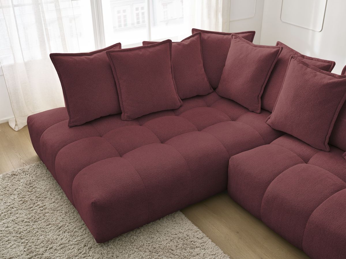 Bobochic Everest Ecksofa mit Schlaffunktion und Bettkasten 320 × 212 cm, 10 Kissen Melange-Stoff Rot Ecke links