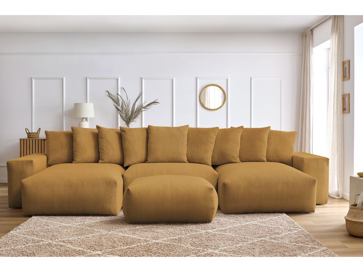 Bobochic Voltaire Wohnlandschaft mit Pouf 420 × 174 cm, Liegefläche 135 × 345 cm Cordsamt Gelb
