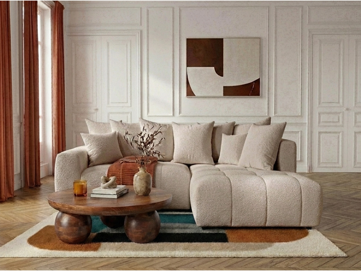 Bobochic Roxelane Ecksofa mit Schlaffunktion und Bettkasten Bouclé-Stoff Beige Ecke rechts