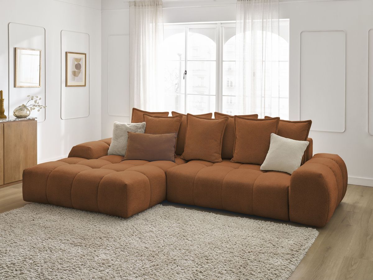 Bobochic Everest Ecksofa mit Schlaffunktion und Bettkasten 318 × 180 cm, 7 Kissen Melange-Stoff Orange Ecke links