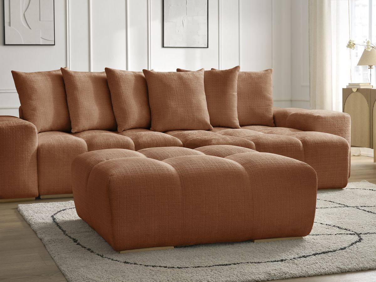 Bobochic Anakin Ecksofa mit Schlaffunktion und Bettkasten und Pouf, 6 Kissen Strukturstoff Orange