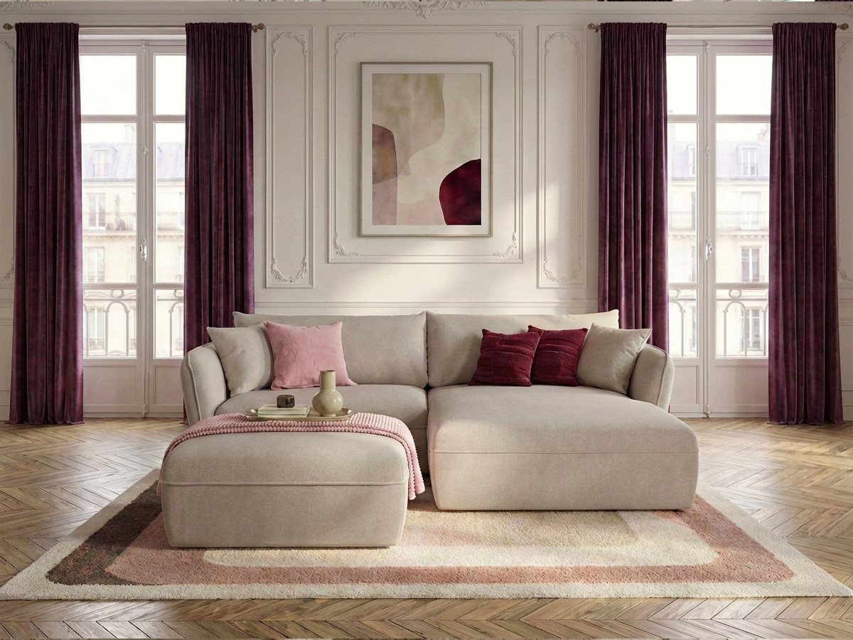 Bobochic Luigi Ecksofa mit Pouf Strukturstoff Beige Ecke rechts