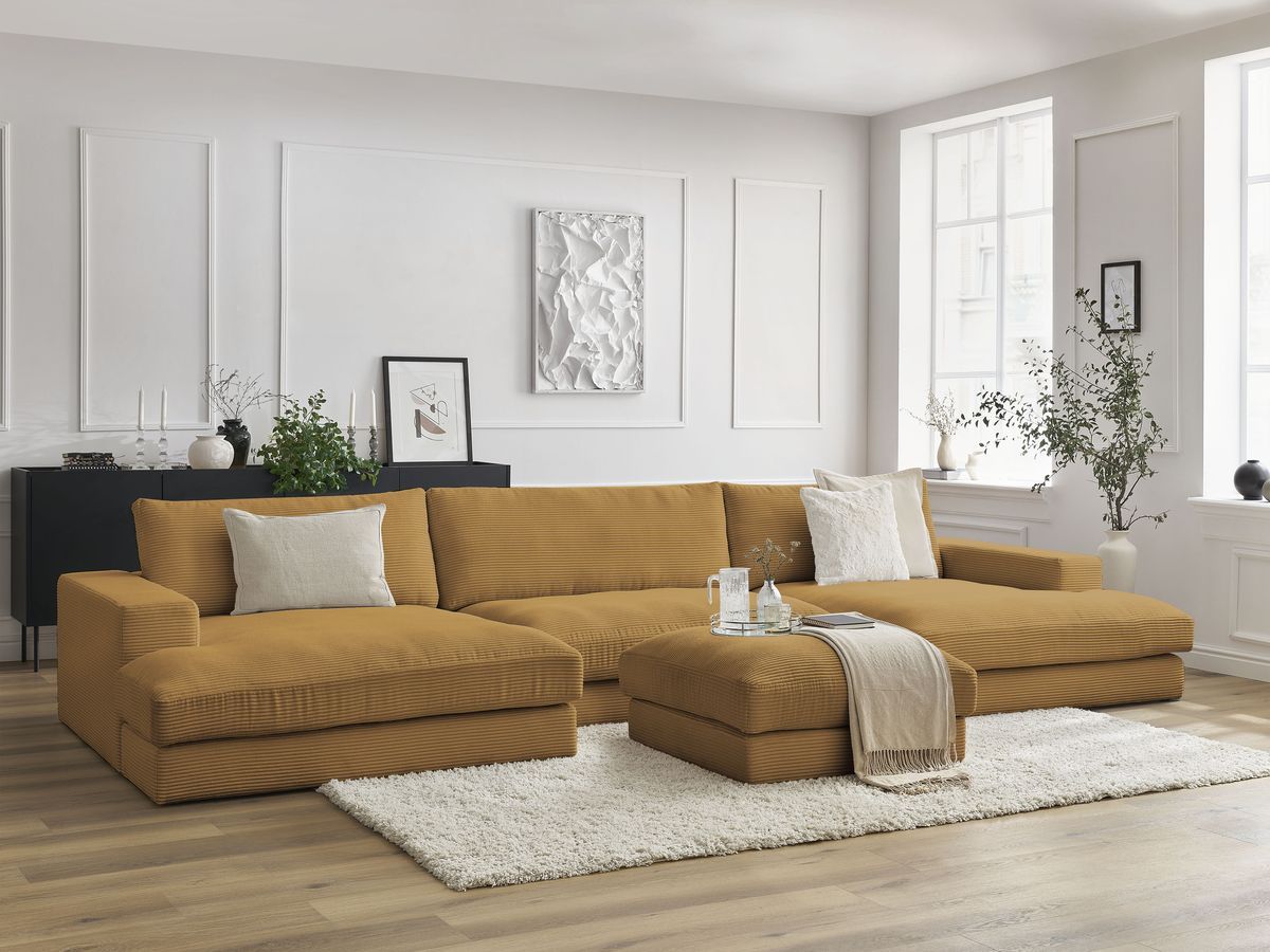 Bobochic Leonard Wohnlandschaft mit Pouf 404 × 159 cm Cordsamt Gelb