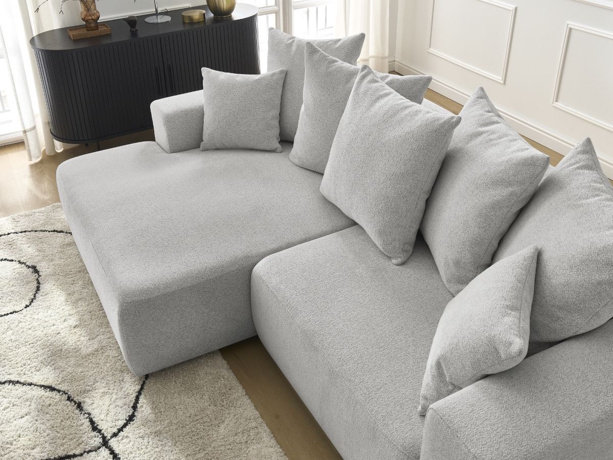Bobochic Atilla Ecksofa mit Schlaffunktion und Bettkasten Melange-Stoff Hellgrau Ecke links