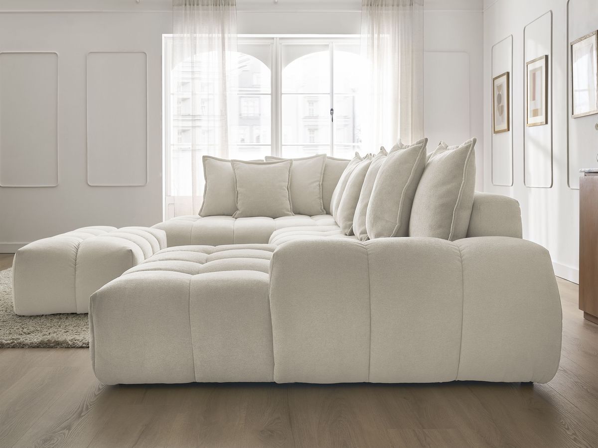 Bobochic Everest Wohnlandschaft mit Pouf, 14 Kissen Strukturstoff Beige Ecke rechts