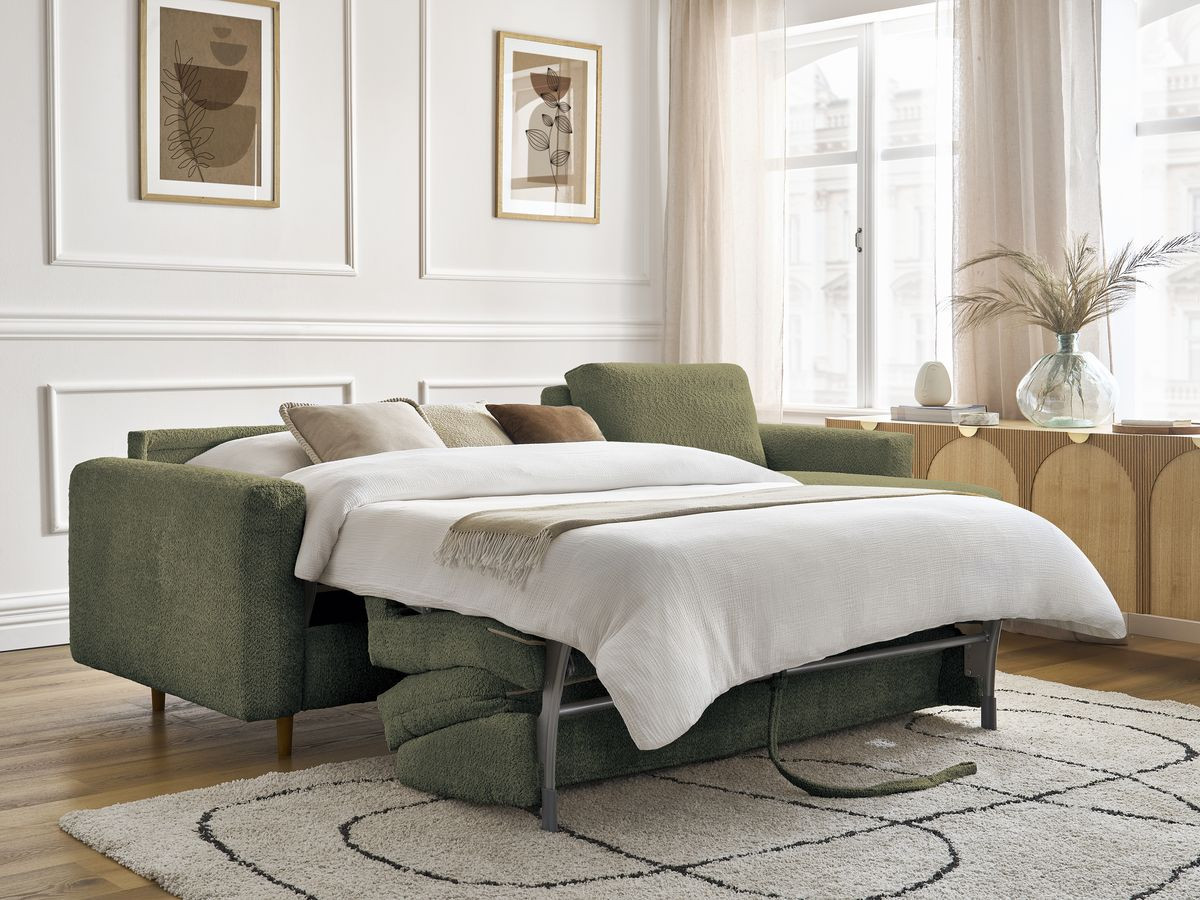Bobochic Cocoone Ecksofa mit Schlaffunktion und Bettkasten Bouclé-Stoff Grün, Liegefläche 160 × 200 cm