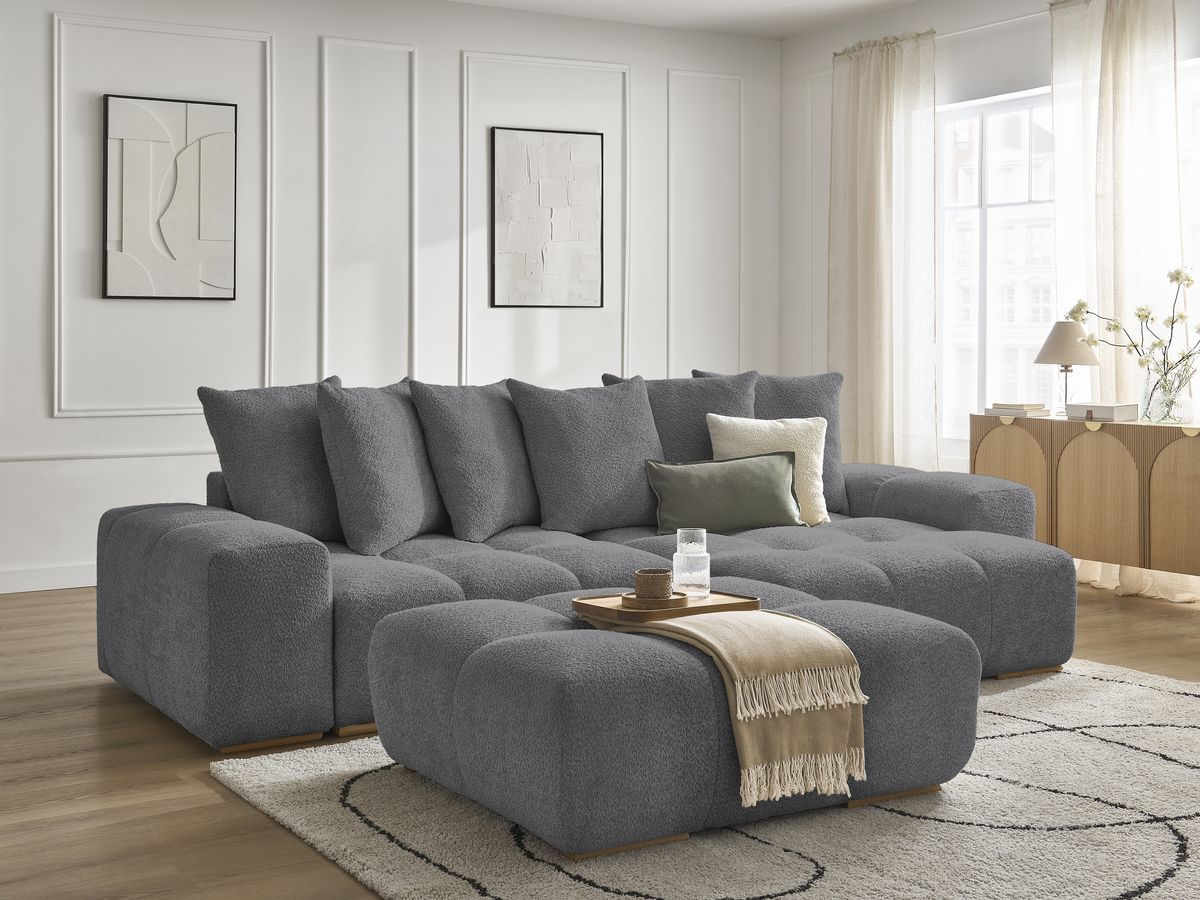 Bobochic Anakin Ecksofa mit Pouf, 6 Kissen Bouclé-Stoff Dunkelgrau