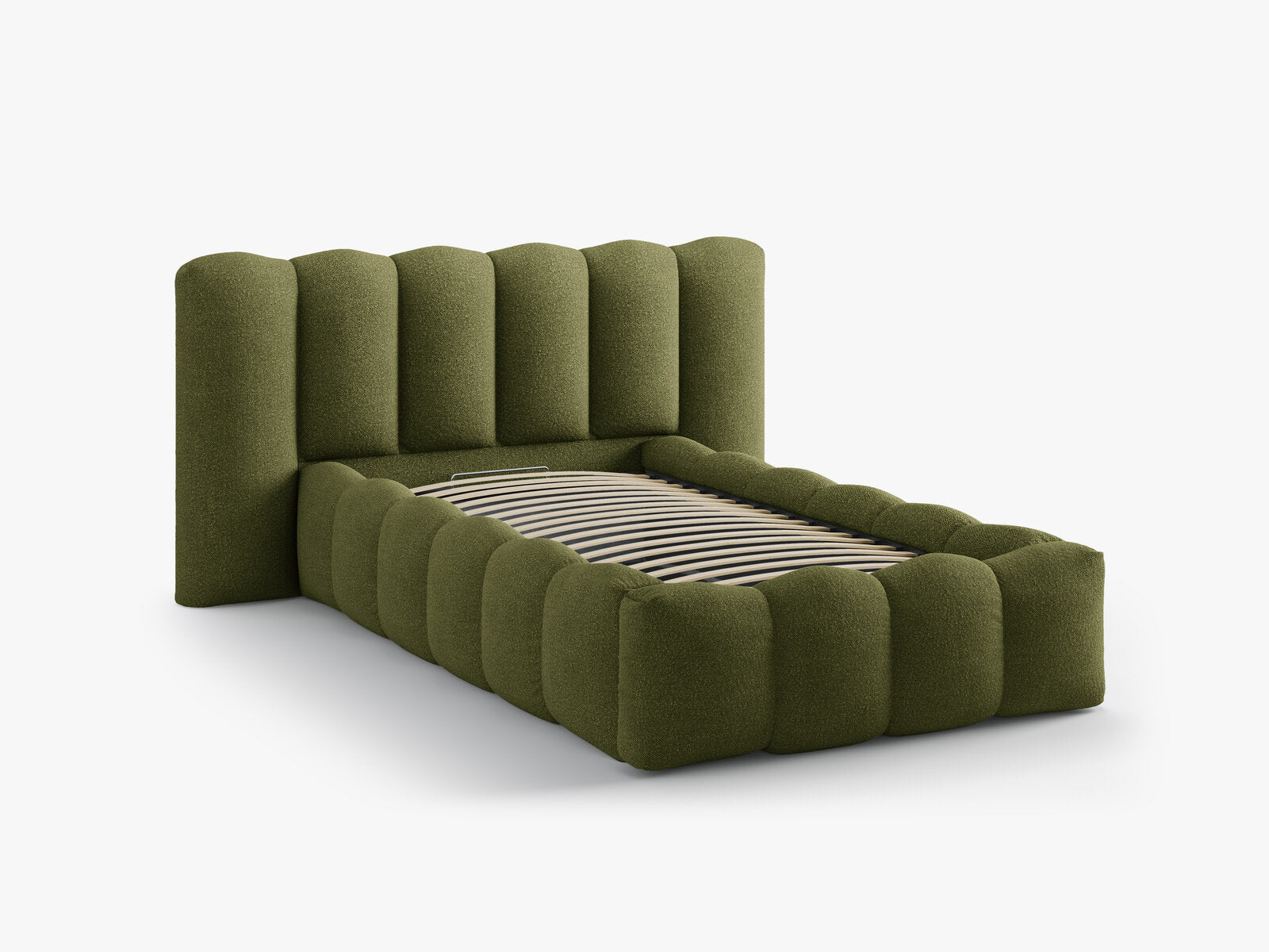 Micadoni Stauraumbett mit Kopfteil Lupine Boucle Baloo Dunkel-Olivgrün 90x200