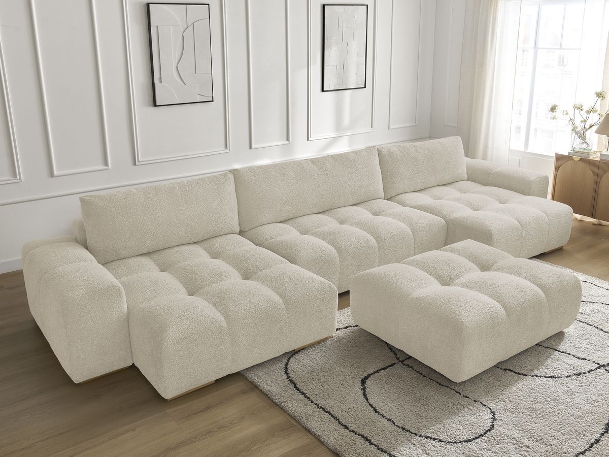 Bobochic Anakin Wohnlandschaft mit Pouf, 3 Kissen Bouclé-Stoff Beige