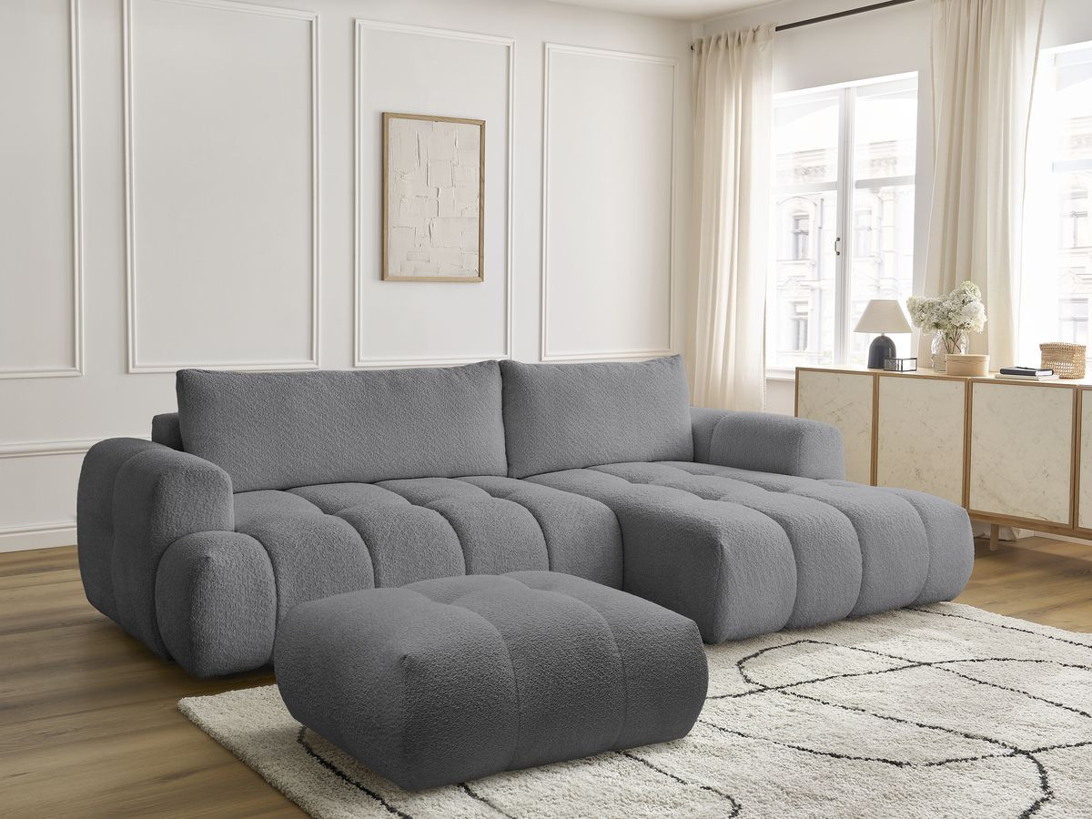 Bobochic Fuji Ecksofa mit Schlaffunktion und Bettkasten und Pouf 292 × 160 cm Bouclé-Stoff Dunkelgrau Ecke rechts