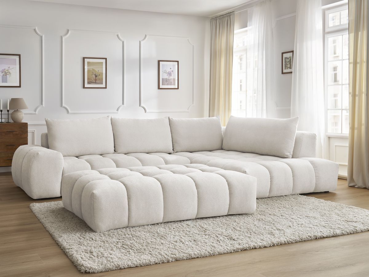 Bobochic Everest Ecksofa mit Schlaffunktion und Pouf, 4 Kissen Strukturstoff Weiß Ecke rechts
