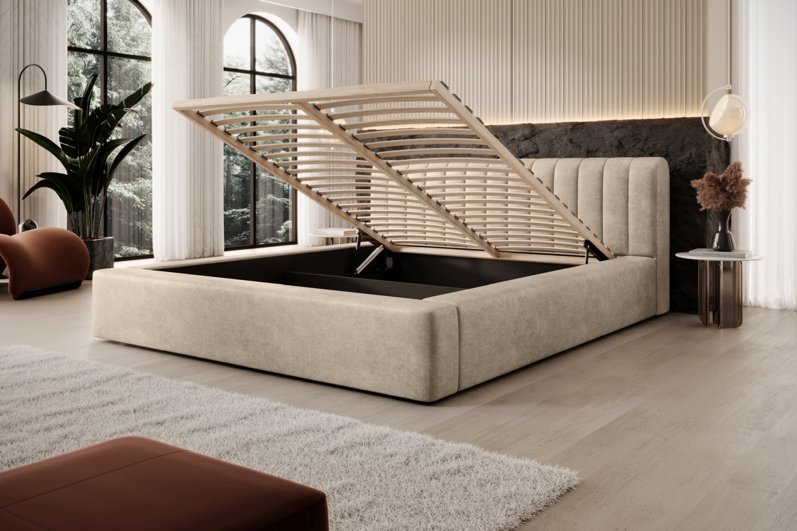 Polsterbett Faroa Samtstoff 180x200 mit Holzrahmen Macau Sand