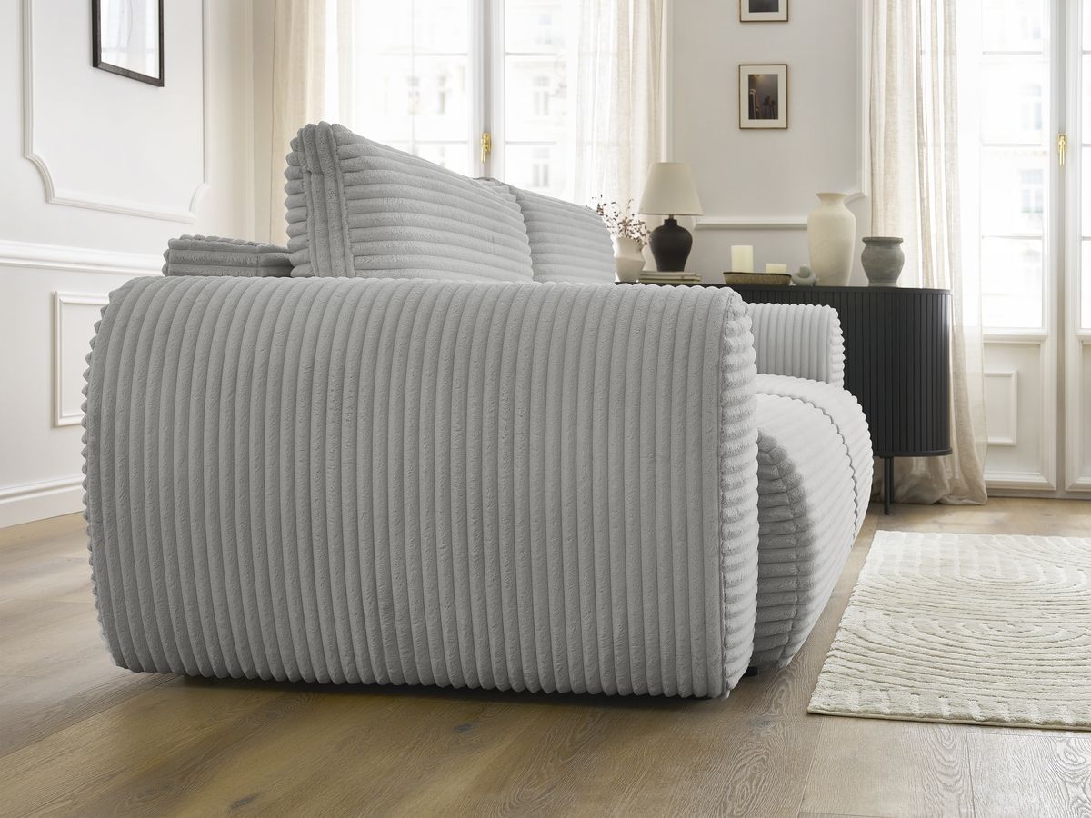 Bobochic Lucien Schlafsofa 3-Sitzer mit Bettkasten Breitcord weich Hellgrau