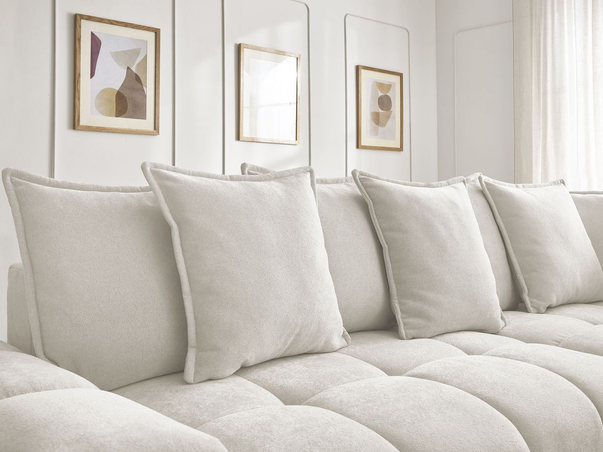 Bobochic Everest Ecksofa mit Schlaffunktion und Bettkasten 320 × 212 cm, 10 Kissen Strukturstoff Weiß Ecke rechts