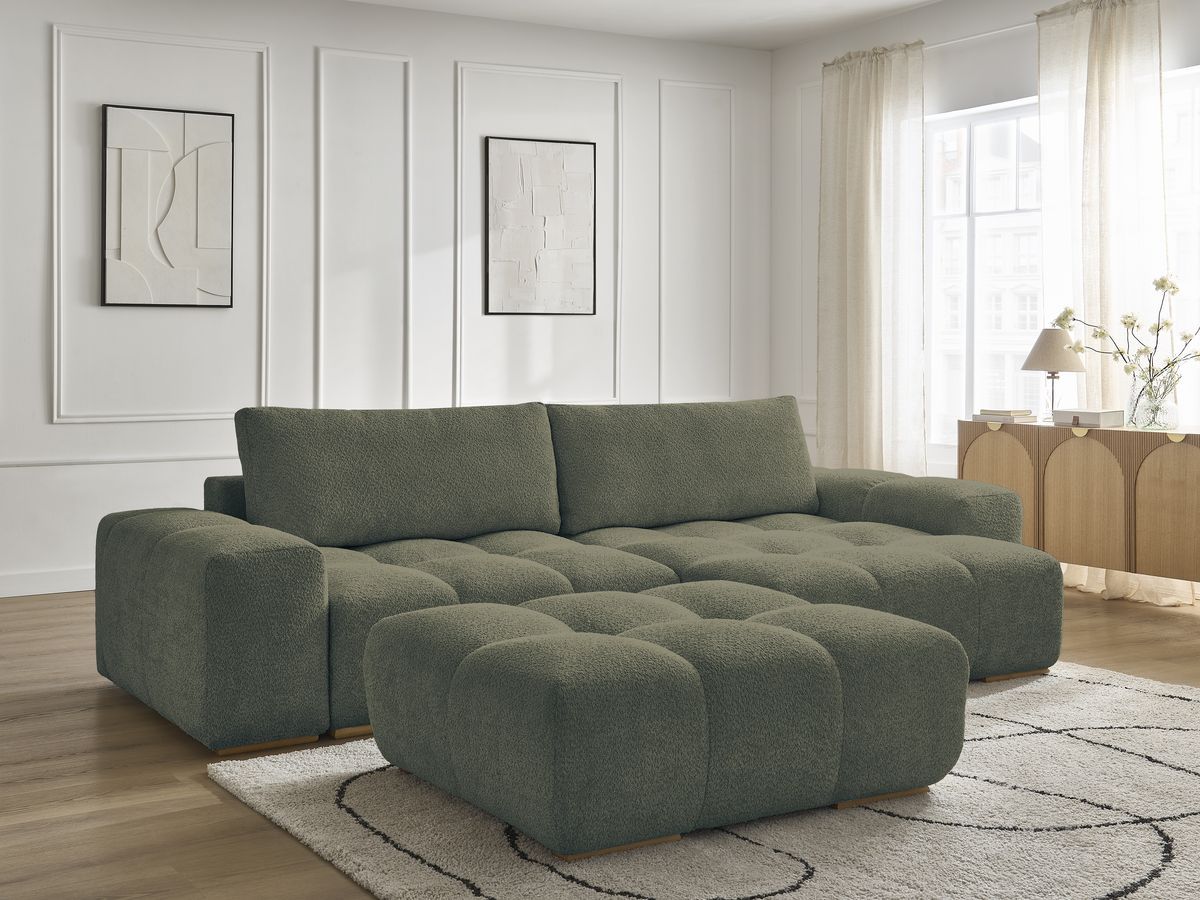 Bobochic Anakin Ecksofa mit Pouf, 2 Kissen Bouclé-Stoff Grün
