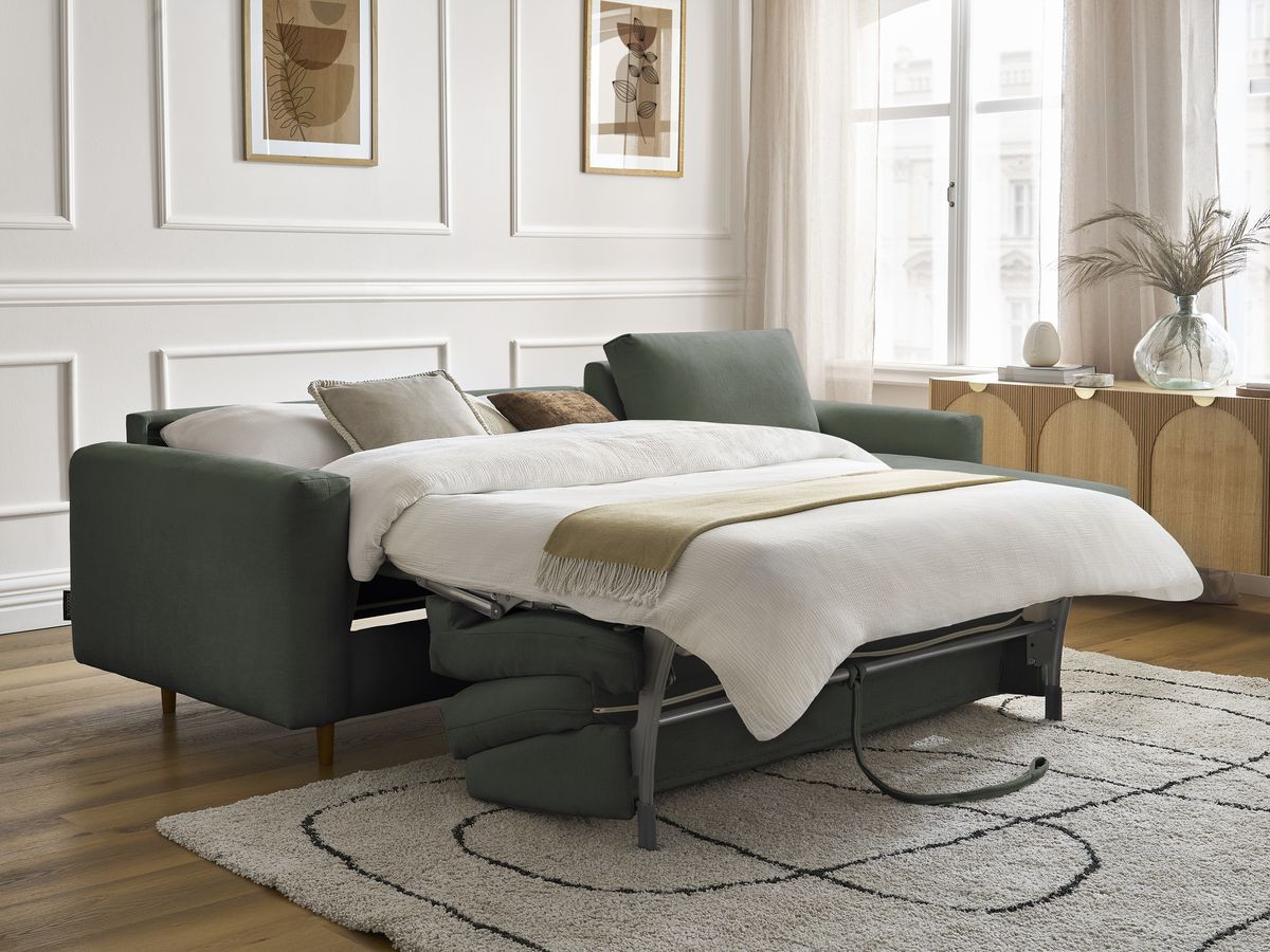 Bobochic Cocoone Ecksofa mit Schlaffunktion und Bettkasten Stoff Grün, Liegefläche 160 × 200 cm