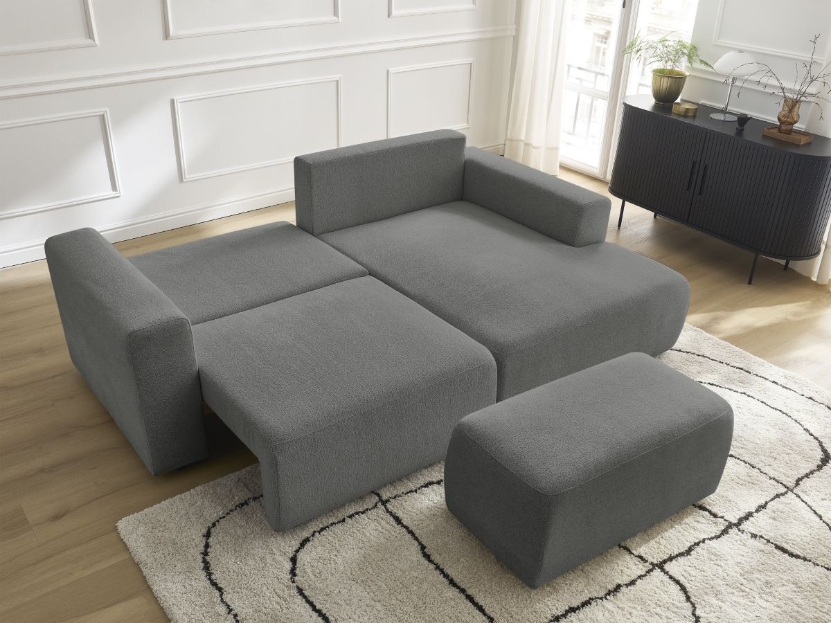 Bobochic Atilla Ecksofa mit Schlaffunktion und Bettkasten und Pouf Melange-Stoff Dunkelgrau Ecke rechts