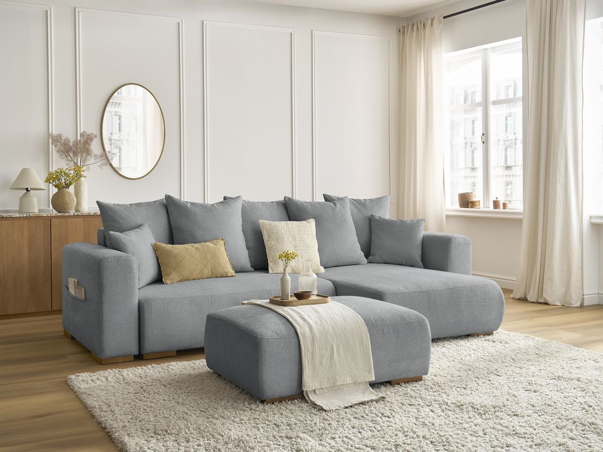 Bobochic Sidonie Ecksofa mit Schlaffunktion und Bettkasten und Pouf Melange-Stoff Dunkelgrau