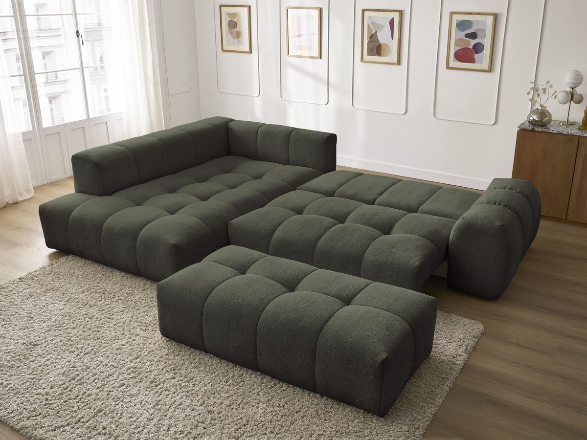 Bobochic Everest Ecksofa mit Schlaffunktion und Bettkasten und Pouf 320 × 212 cm, 10 Kissen Melange-Stoff Grün Ecke links