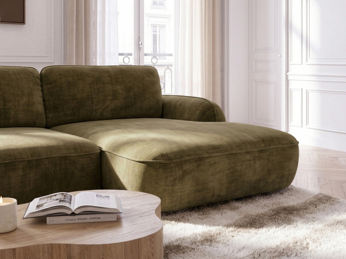 Bobochic Celeste Ecksofa mit Schlaffunktion und Bettkasten Stoff Grün Ecke rechts