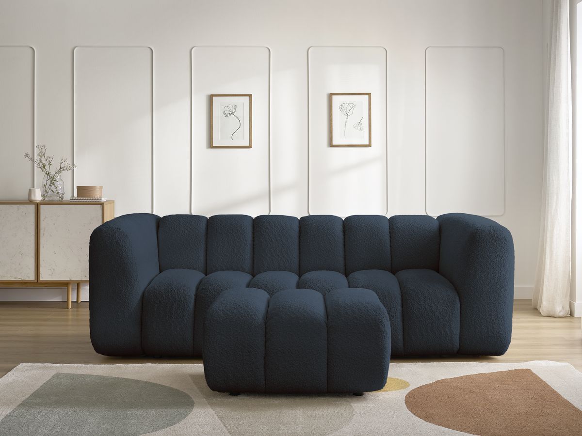 Bobochic Talia Sofa 3-Sitzer mit Pouf Bouclé-Stoff Dunkelblau
