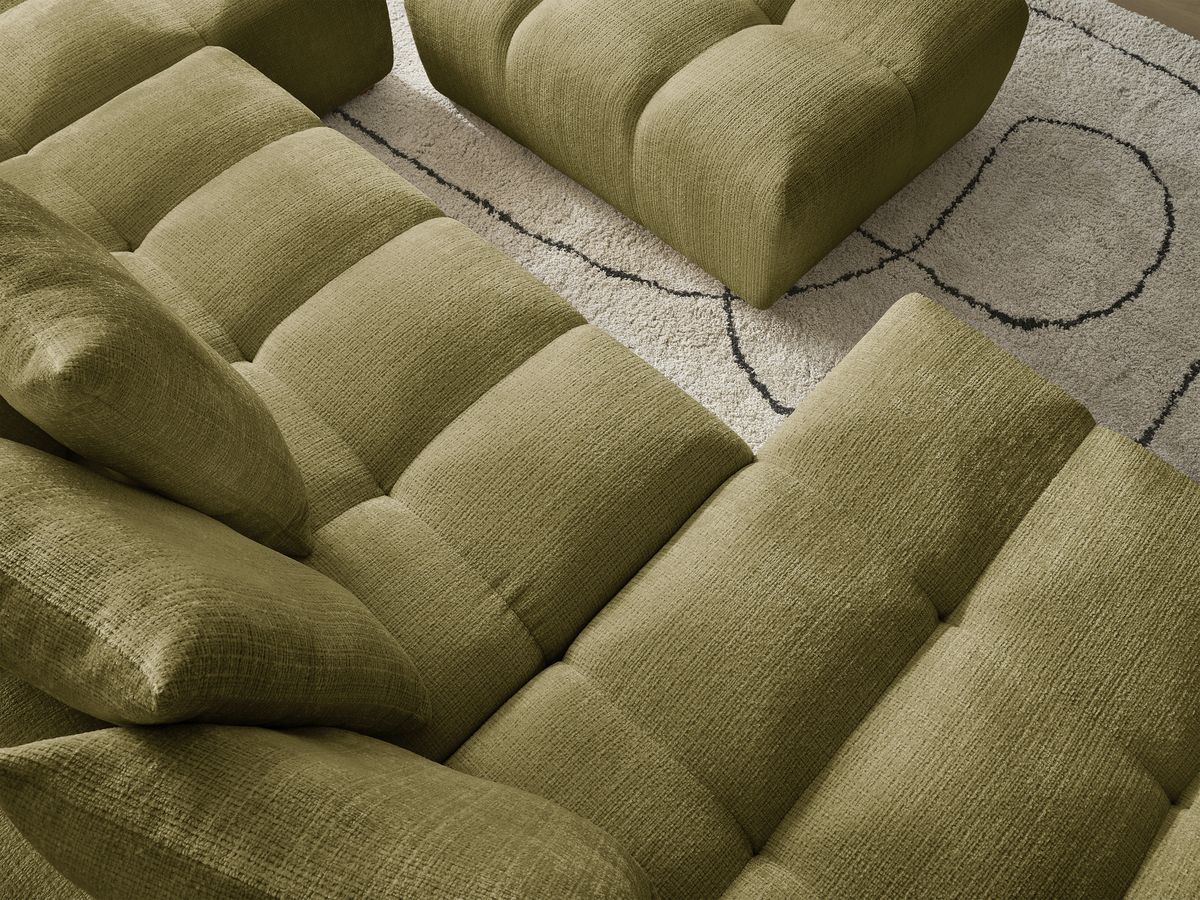 Bobochic Anakin Wohnlandschaft mit Pouf, Liegefläche 137 × 382 cm, 10 Kissen Strukturstoff Grün