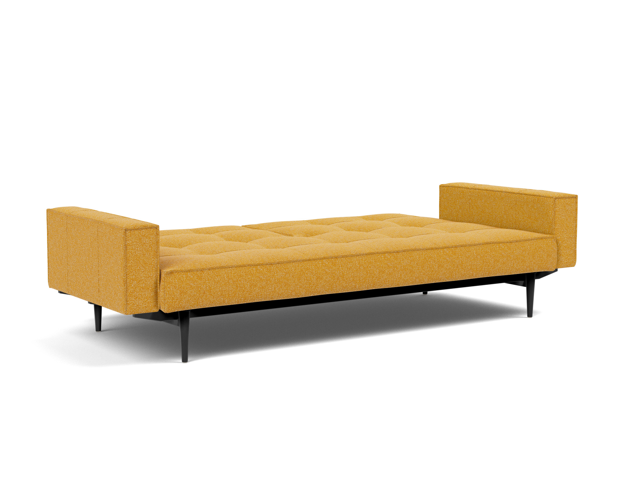 Schlafsofa Splitback mit Armlehnen Boucle Skandi 536-Ochre Beine Styletto Eiche schwarz