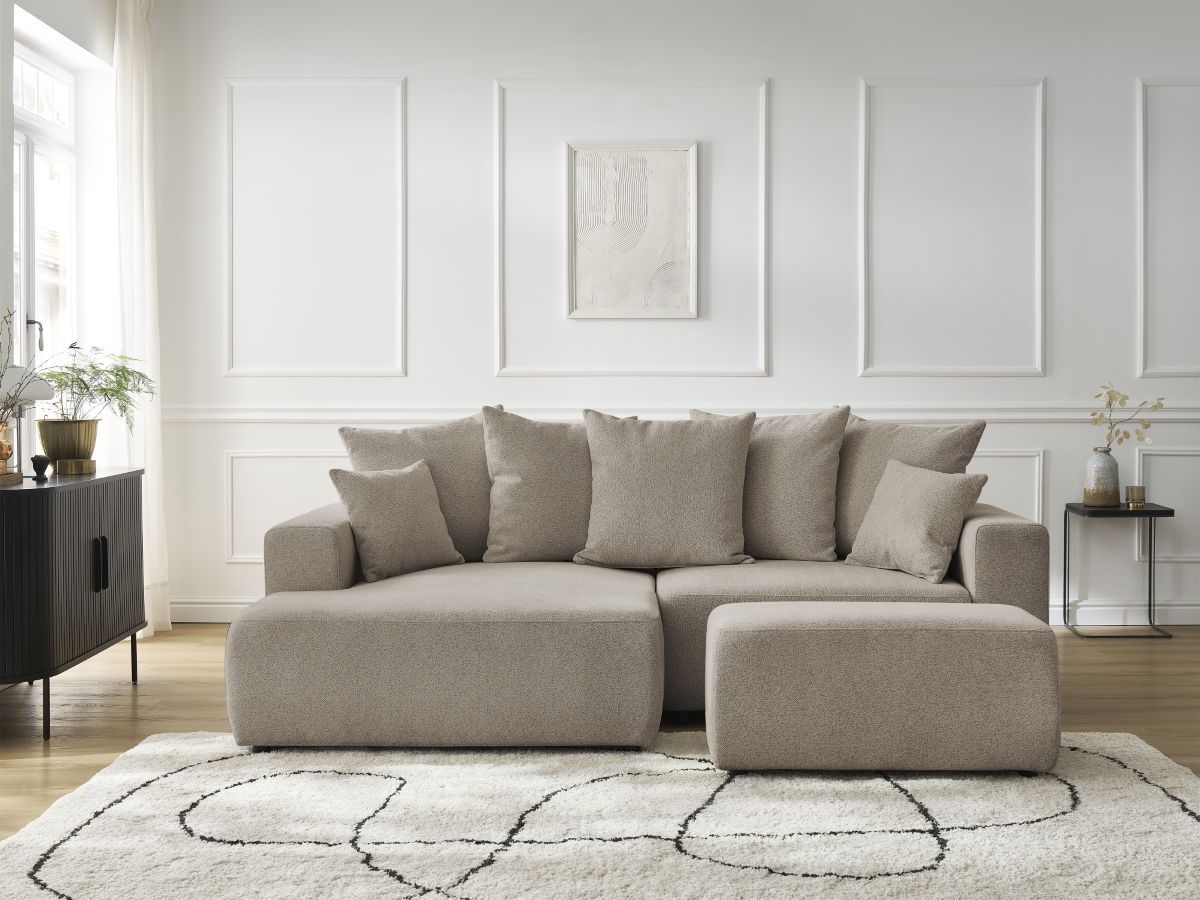 Bobochic Atilla Ecksofa mit Schlaffunktion und Bettkasten und Pouf Melange-Stoff Taupe Ecke links