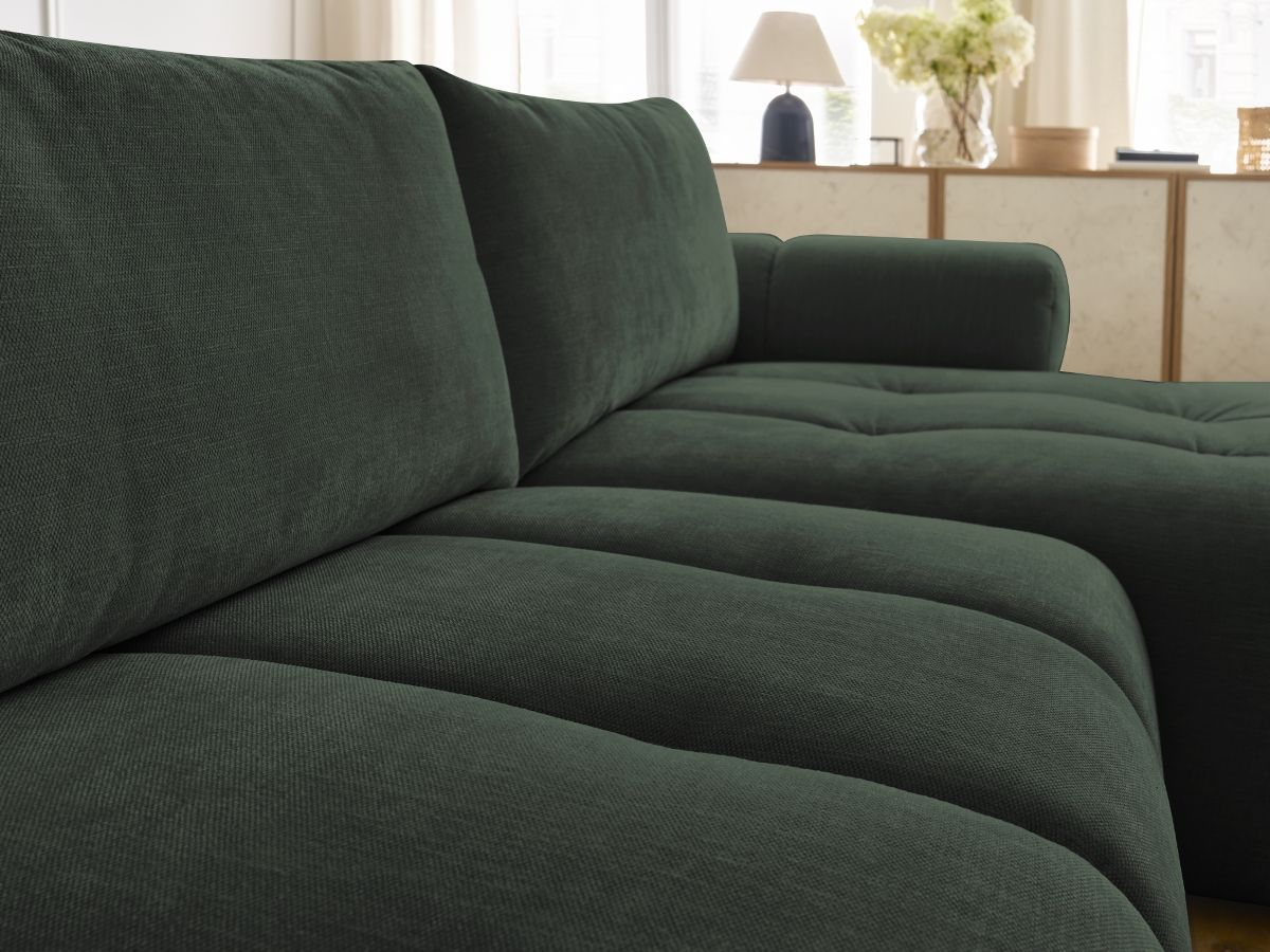 Bobochic Fuji Ecksofa mit Schlaffunktion und Bettkasten und Pouf 292 × 160 cm Stoff Grün Ecke rechts