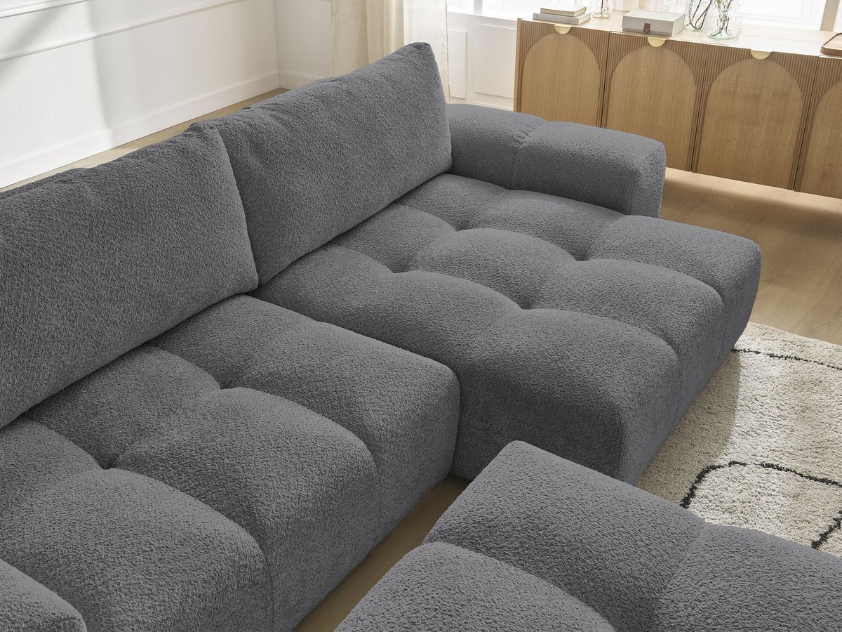 Bobochic Anakin Ecksofa mit Pouf, 2 Kissen Bouclé-Stoff Dunkelgrau