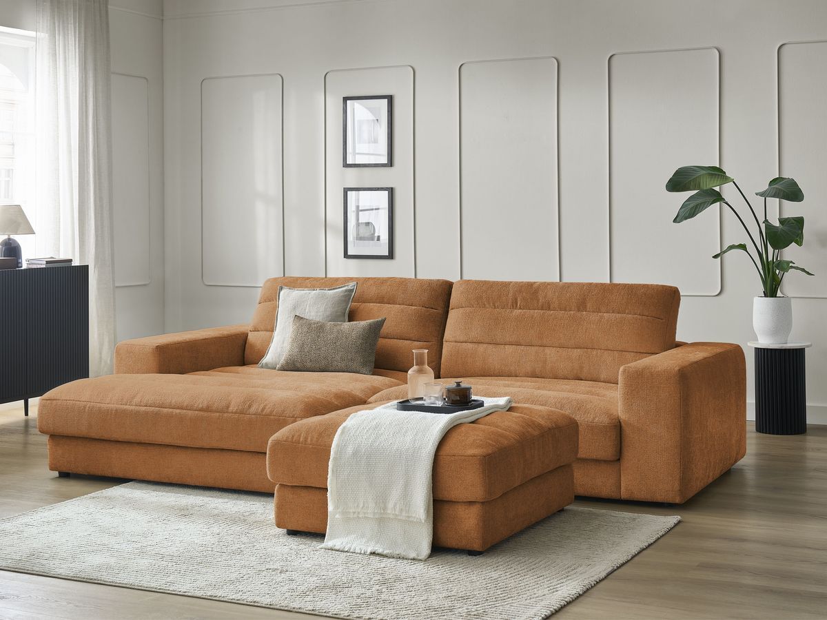 Bobochic Sierra Ecksofa mit Pouf Strukturstoff Orange Ecke links