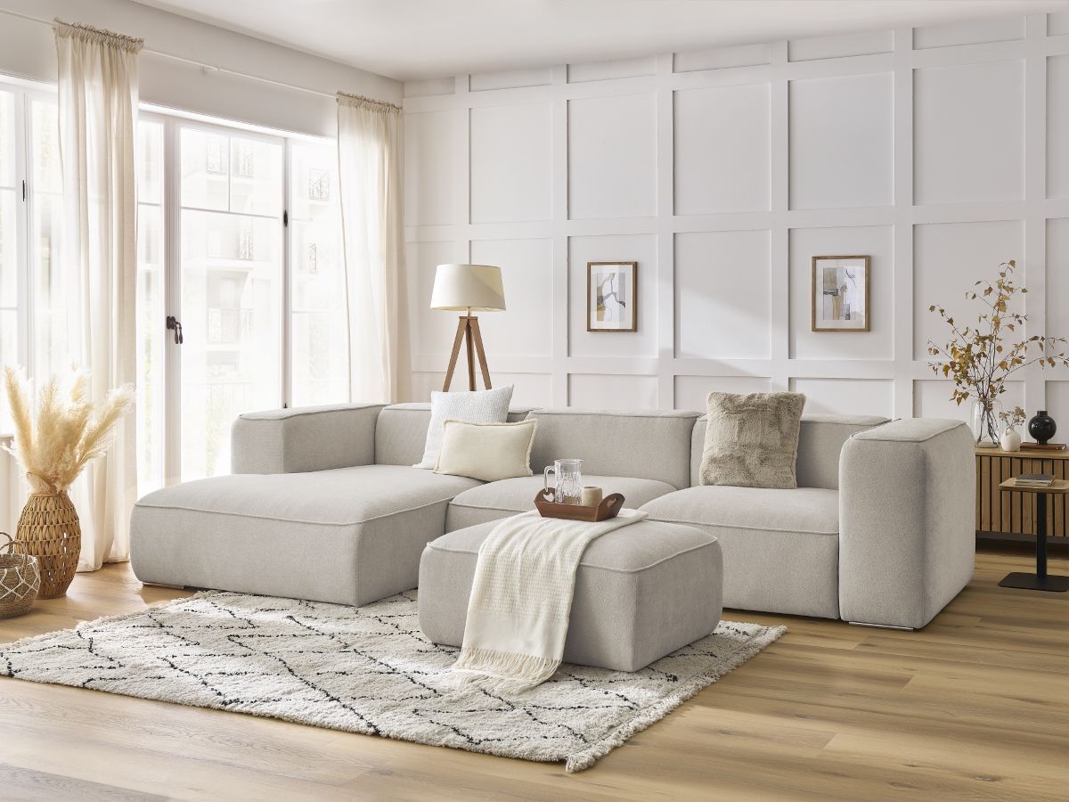 Bobochic Zephyr Ecksofa mit Pouf 349 × 165 cm Strukturstoff Beige Ecke links