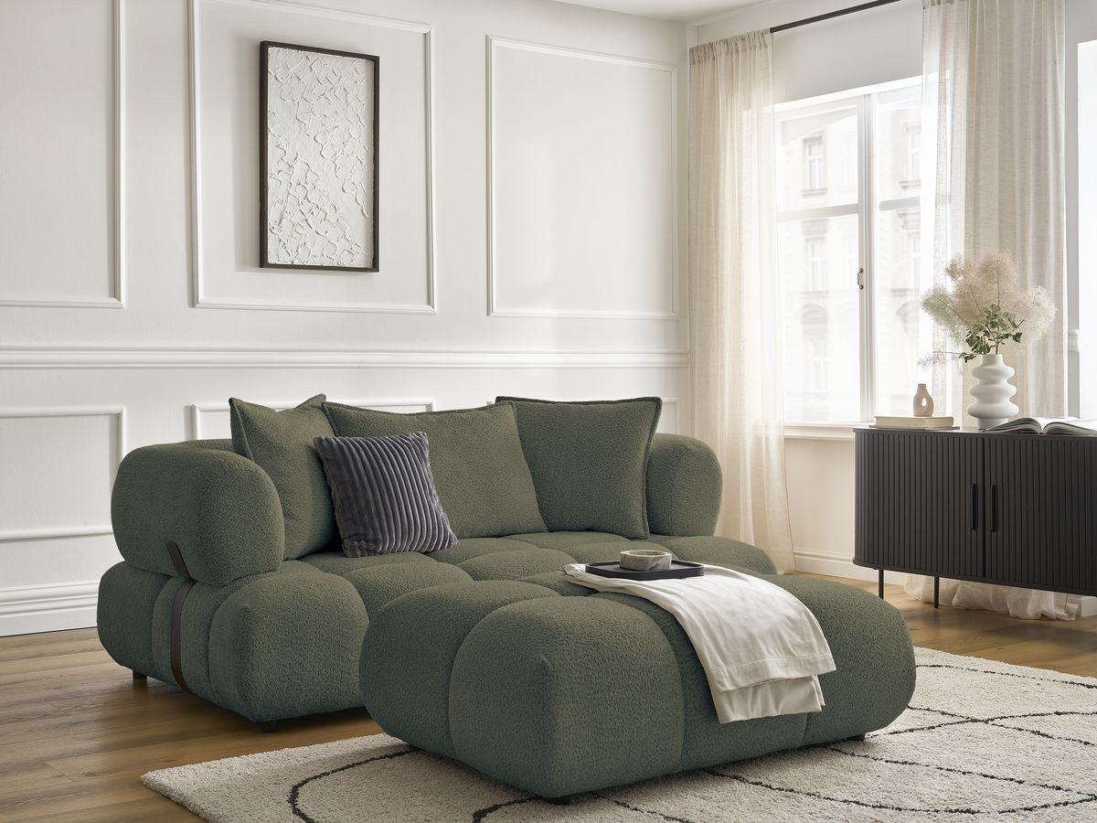 Bobochic Alya Sofa 2-Sitzer mit Pouf Bouclé-Stoff Grün